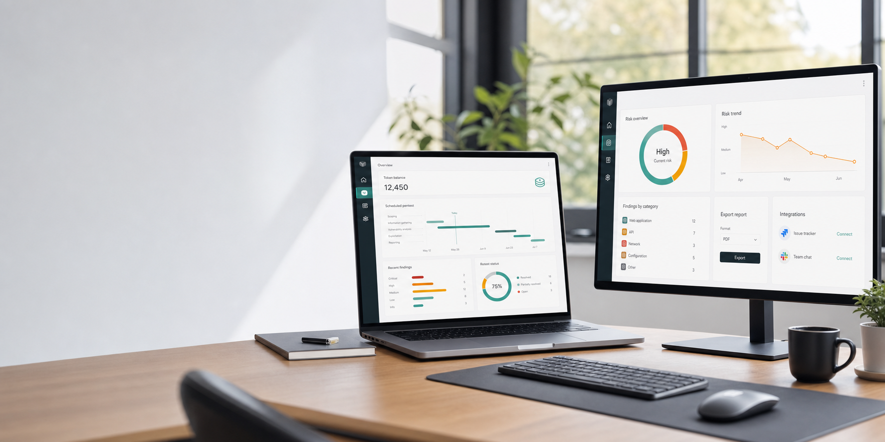 Security testing portal dashboard mockup with token balance, findings, reports, and schedule panels
